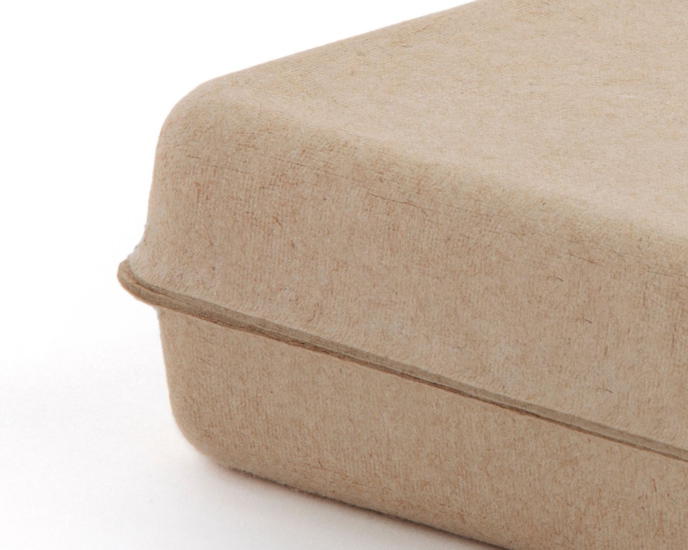 Close-up of molded pulp packaging showing natural fiber texture and rounded edges