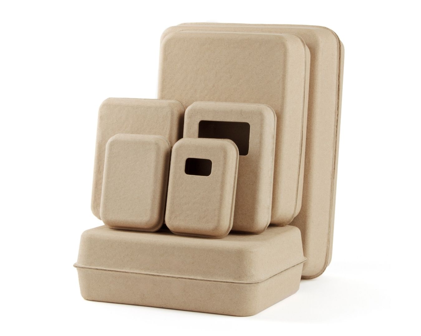 Stock molded pulp clamshell packaging made from recycled fiber